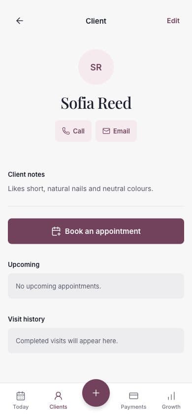 Chairfuly client profile with notes and booking action