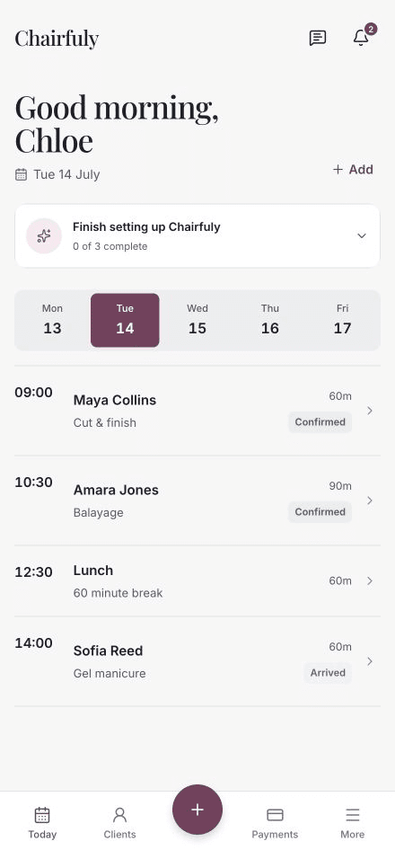 Chairfuly team diary with appointments and staff filters
