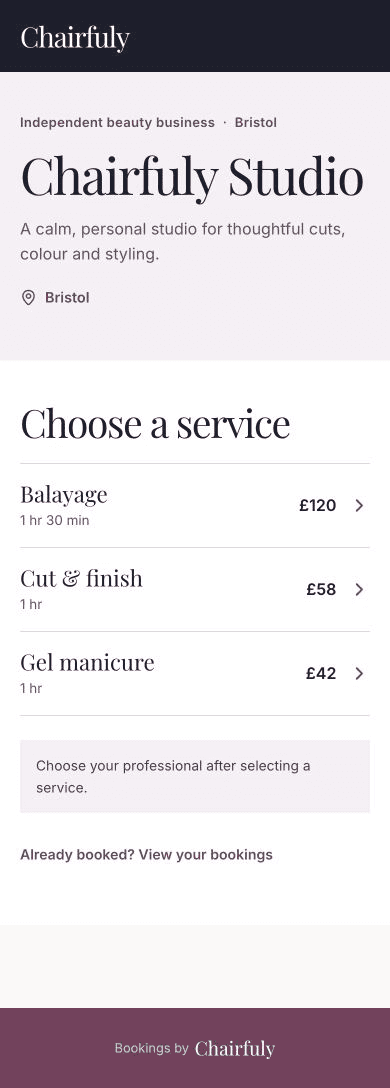 Chairfuly branded online booking profile with a service list