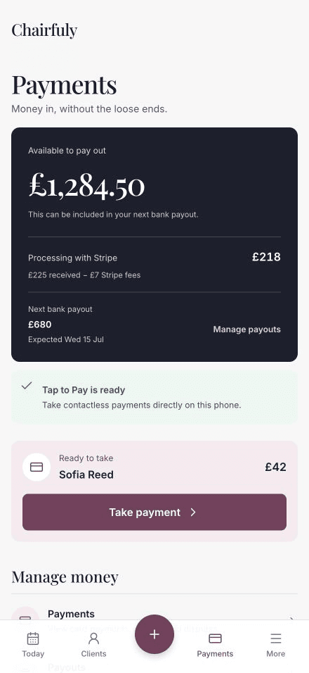 Chairfuly payments overview showing weekly takings and a recent payment