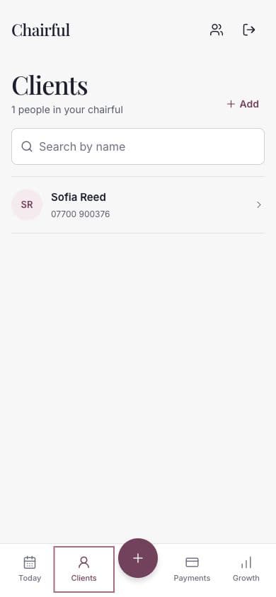The Clients screen with search, an existing client and the Add action.