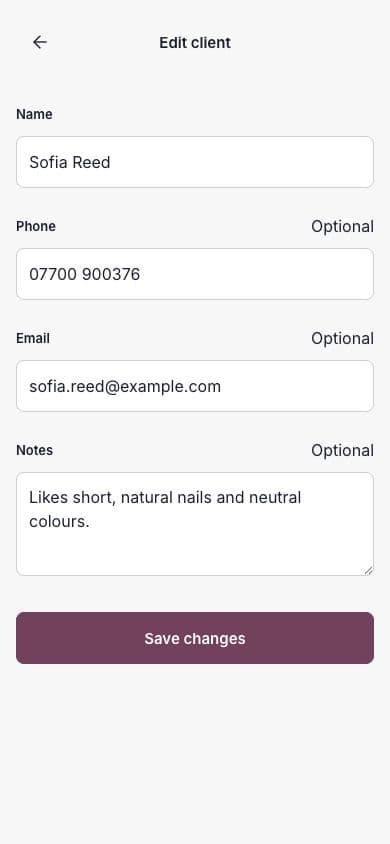 The Edit client screen showing saved contact details and client notes.