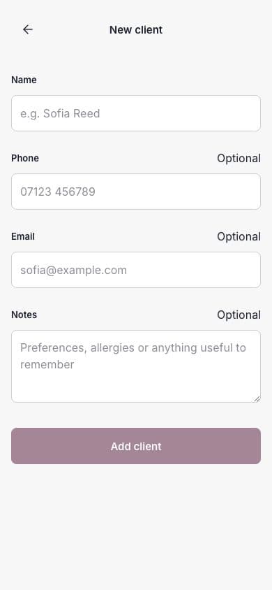 The New client form with name, phone, email and notes fields.