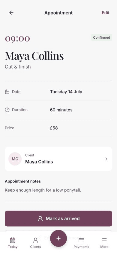 A confirmed appointment with the Mark as arrived action.
