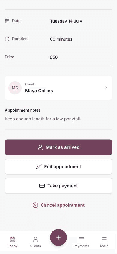 The appointment actions with Edit appointment, Take payment and Cancel appointment.