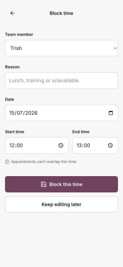 The Block time form with team member, reason, date, start and end time fields.