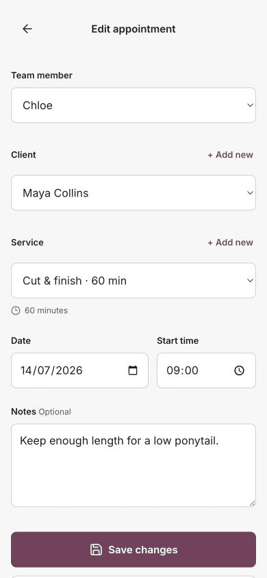 The Edit appointment form with the team member, client, service, date and start-time fields.