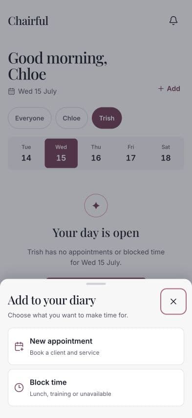 The diary Add sheet with the Block time option.