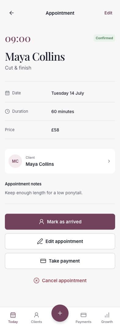 The appointment details opened from a new online booking notification.