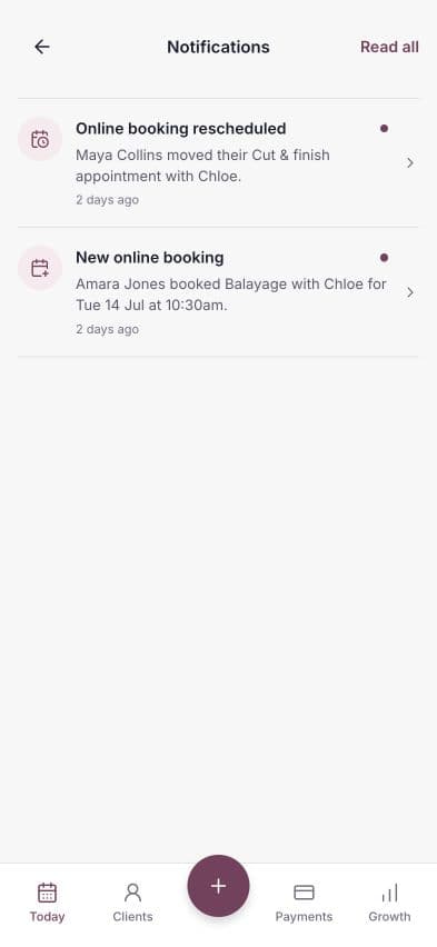 The Notifications inbox with an unread online booking.
