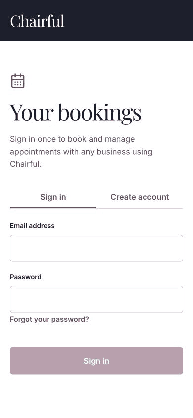 The My bookings sign-in page for a Chairful client account.