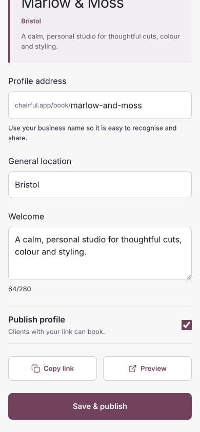 The profile address, publish control, Copy link, Preview and Save & publish actions.