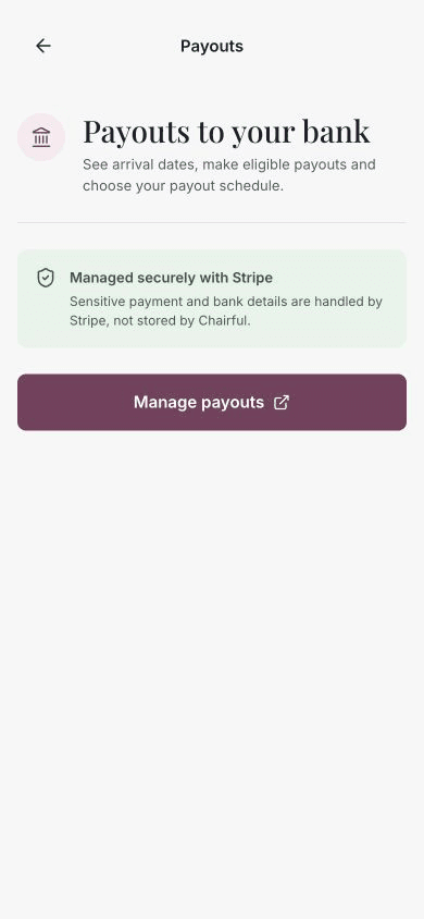 The Payouts screen before opening secure Stripe payout management.