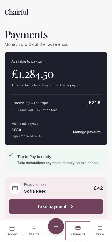 The Payments screen showing available funds, money processing with Stripe and the next bank payout.