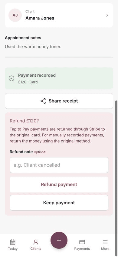 The refund confirmation for a paid appointment, including an optional refund note.