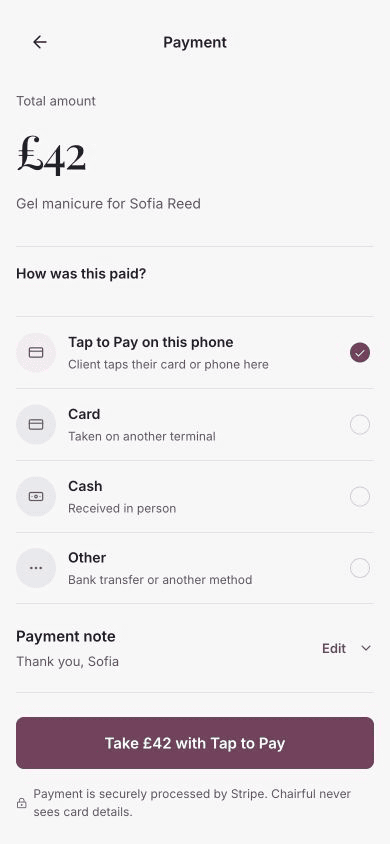 The Payment screen with Tap to Pay selected above the manual Card, Cash and Other methods.