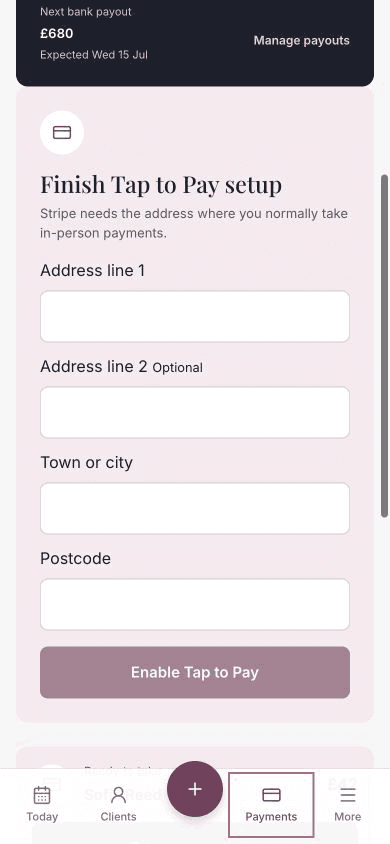 The Payments screen asking for the in-person payment address needed to enable Tap to Pay.