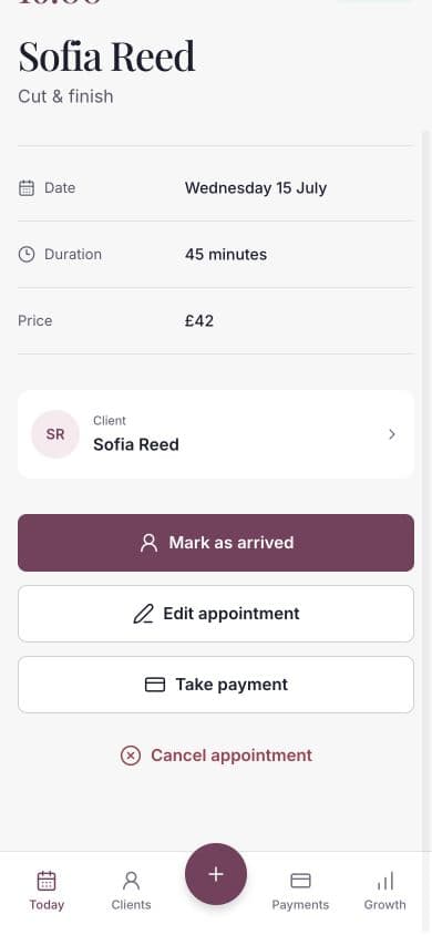 An unpaid appointment showing its price and Take payment action.