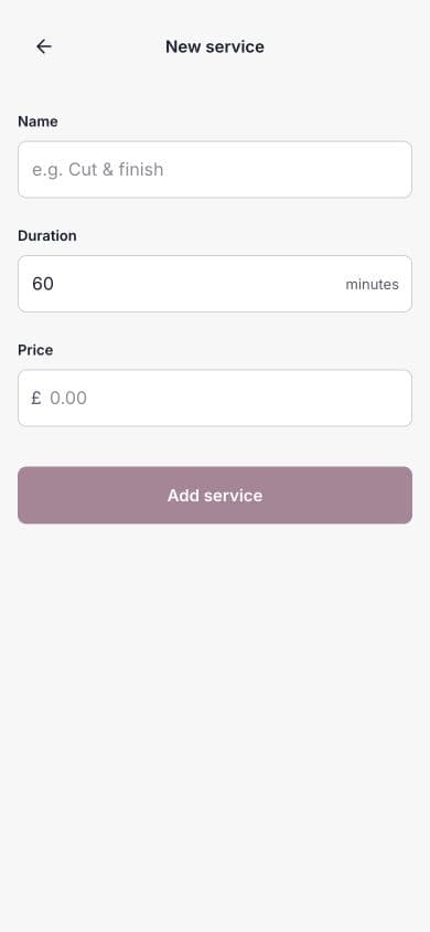 The New service form with name, duration and price fields.