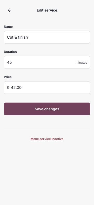 The Edit service screen showing the saved service details.